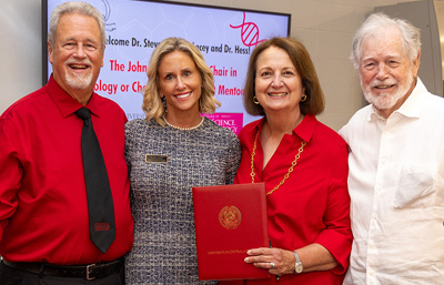 Thumbnail: Dr. Stephen Lacey, Courtney Goddard, Ann Lacey, and John Hess Ph.D. signing an endowment agreement